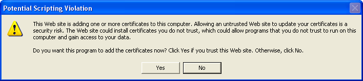 Screenshot of Potential Scripting Violation dialog - adding a certificate.