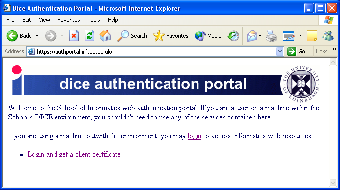 Screenshot of Informatics Web Authentication Portal front page.