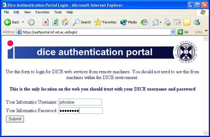 Screenshot of Informatics Web Authentication Portal login page.