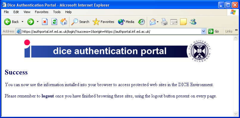 Screenshot of Informatics Authentication Portal success page.