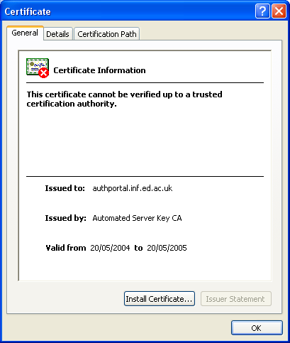Screenshot of dialog showing general information about the Server Certificate.