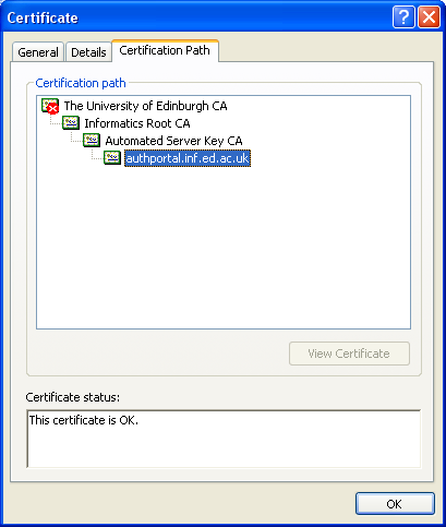Screenshot of certification path dialog showing information about the Server Certificate.