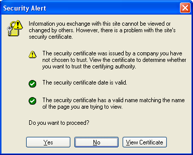 Screenshot of example Security Alert dialog for Untrusted Certificate.