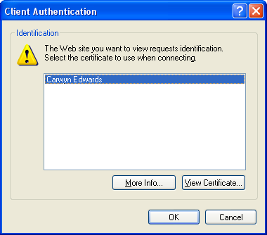 Screenshot of Client Authentication dialog - requesting client certificate selection.