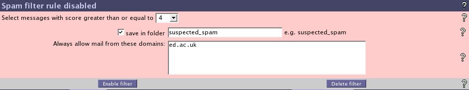 Screen shot of spam filter dialog box