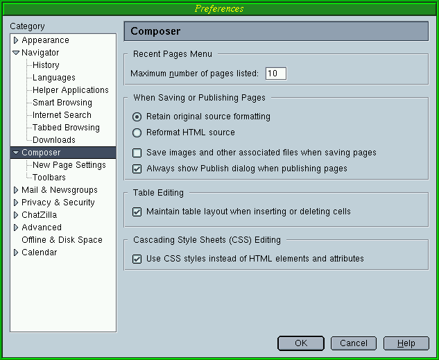 Composer options screen