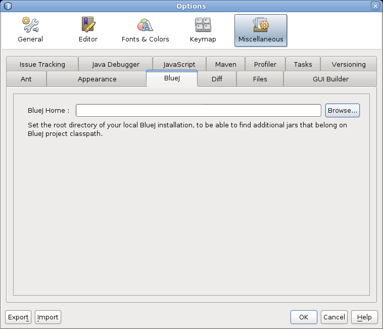 NetBeans BlueJ plugin options dialog