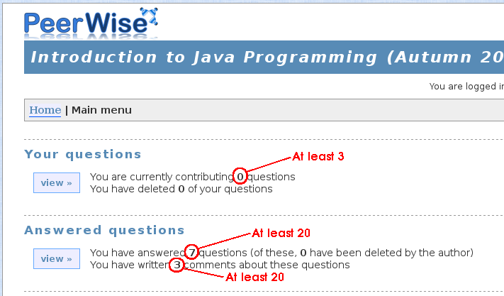 PeerWise question, answer and feedback targets